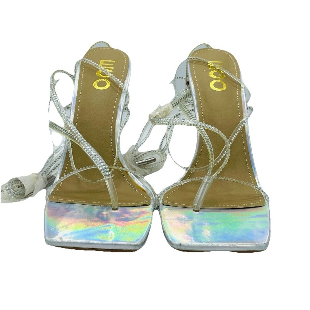 Ego Shoes Womens Size 8 Shiny Silver Strappy Rhinestone Square Toe Sandals Heels